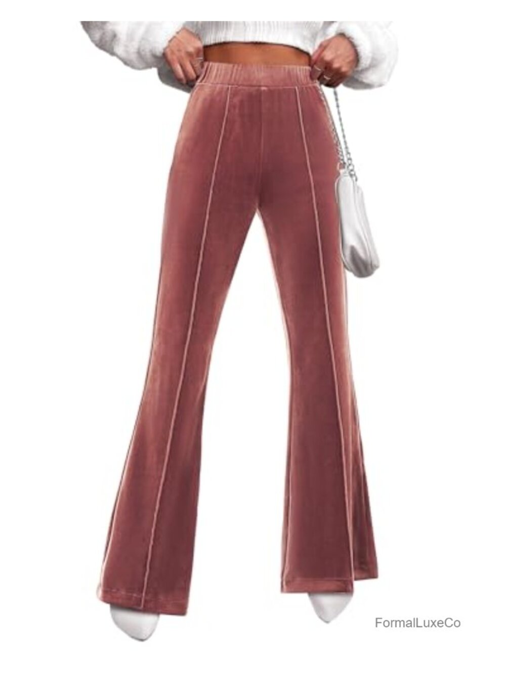 Flare Velvet Pants High Waisted Wide Leg Pull On Trousers
